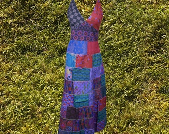 Womens Patchwork Strap Maxi Dress, Stunning Handmade Beautiful Purple Patchwork Prints Long Dresses S/M