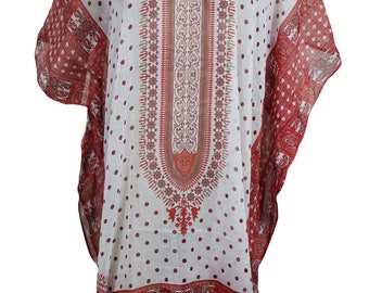Boho Chic Lightweight Short Caftan Dress Red White Dashiki Print Kimono Sleeves Beach Cover Up Resort Wear ONE SIZE