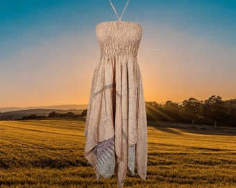 Women Sundress, Halter Dresses, Peach Handmade Boho Dress, Printed Uneven Hem Recycled Silk Sari Boho Beach Halter Dress S/M