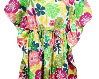 Womens Short Caftan Dress, Loose Beach dress, Green Floral Printed Dresses, Resort Wear Caftan, Cotton Kaftan 2XL