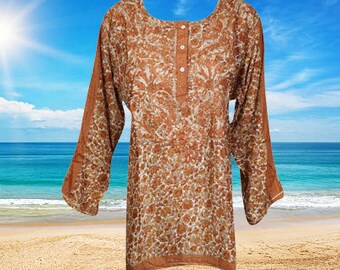 Womens Silk Tunic, Bohemian Clothing, Handmade Orange Floral Print Tunic Top, Silk Shirt, Hand Embroidered Blouse Indian Tunic Kurti XL