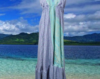 Womens Summer Maxi Dress, Loose Flare Swing Halter Boho Beach Dresses, Blue Floral Printed, Recycle Sari Bohemian Summer Dress S/M