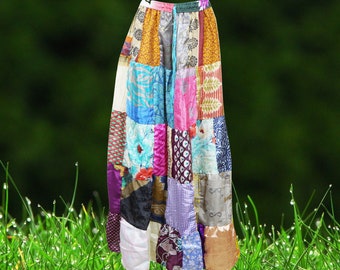 Womens Handmade Maxi Skirts, Boho Patchwork Island Long Skirt, Recycle Recycle Silk Colorful Long Skirts S/M/L