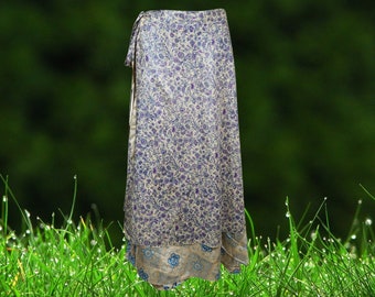 Womens Long Wrap Skirt, Comfy Sari Silk Two Layer Reversible Skirts, Purple Off White Floral Print Magic Sari Wrap Around Skirts One size