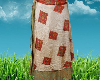 Womens Summer Wrap Skirt, Handmade Wrap Around Beige Red Printed Skirt, Holiday Beach Cover Up Silk Sari Magic Wrap Around Skirts One size