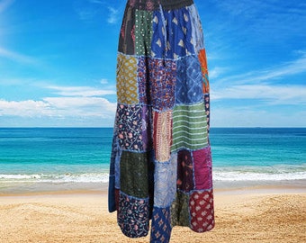 Womens Maxi Skirt, Blue Boho Hippie Festival PATCHWORK Vintage Retro Maxi Flared Skirts, Casual Comfy SKIRT S/M/L