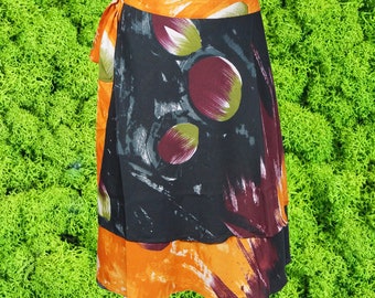 Womens Beach Short Wrap Skirt, 2 Layer Skirts, Black Orange Printed Sari Skirt, Beach Wear, Handmade, Reversible Wrap Skirts, Gift One Size