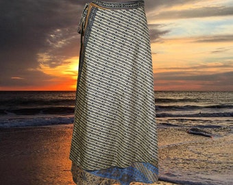 Womens Wrap Long Skirt, Valentine gift, Beach Cover Up, Gray Printed Two Layer Silk Sari Skirts, Magic Wrap Around Skirts One size