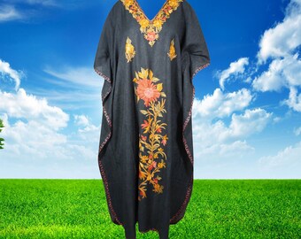 Womens Kaftan Maxi Dress, Black Loose Beach Maxi Dress, Floral Embroidered Dresses, Resort Wear Caftan, Cotton Kaftan Dress One size L-2XL