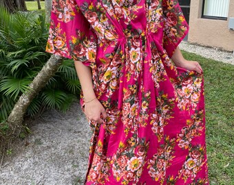 Womens Maxi Kaftan Dress, Resort Wear, Fuscia Pink, Floral Boho Cotton Caftan, Gift, Oversize Beach Resort Dresses, L-2XL