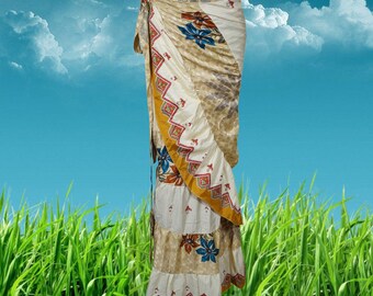 Women Ruffle Wrap Skirt, Tiered Maxi Wrap Skirts, Beige Floral Printed Beach Skirt, Sari Wrap Skirt, Gypsy Skirt One size