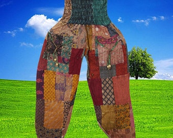 Womans Patchwork Pant, Pink Green Hippie Pants, Recycle Cotton Trousers, Cargo Pants, Loose Baggy Handmade Trouser, S/M/L