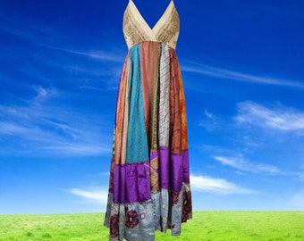 Womens Maxidress, Bohemian Fashion, TWILIGHT MAGIC Recycled Silk Dress, Spaghetti Strap, Holiday Travel Maxi Dress ML