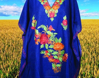 Women's Blue Muumuu Caftan Short Dress, Cotton Embroidered Kimono Dresses Floral Caftan Party Wear Crepe Boho Kaftan, L-2X