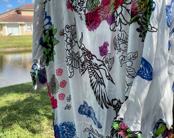 Womens Long Dress, White Floral Print Dress, Long Sleeve Summer Gorgeous Soft Cotton Beach Dresses SM