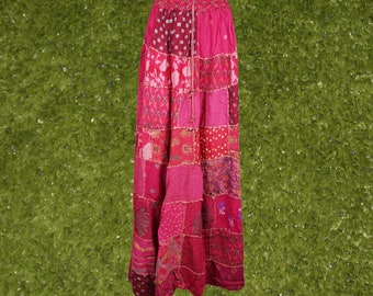 Patchwork Boho Maxi Skirt, Women’s Patchwork Skirt, Summer Festival Beach Skirt, Pink Handmade Skirts S/M/L