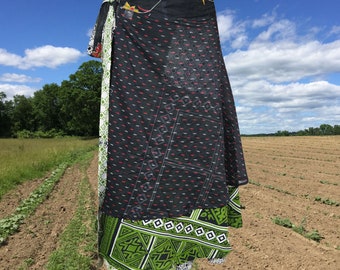 Womens Travel Fashion, Gray Printed Double Layers Wrap Skirts, Gift, Handmade, Magic Wrap Skirt, Recycled Sari Wrap Skirt, One size