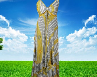Womens Summer Maxi Dress, Halter Dresses, Gray Yellow Print Swing Strap Boho Beach Maxi Dress, Recycle Silk Handmade Dresses S/M