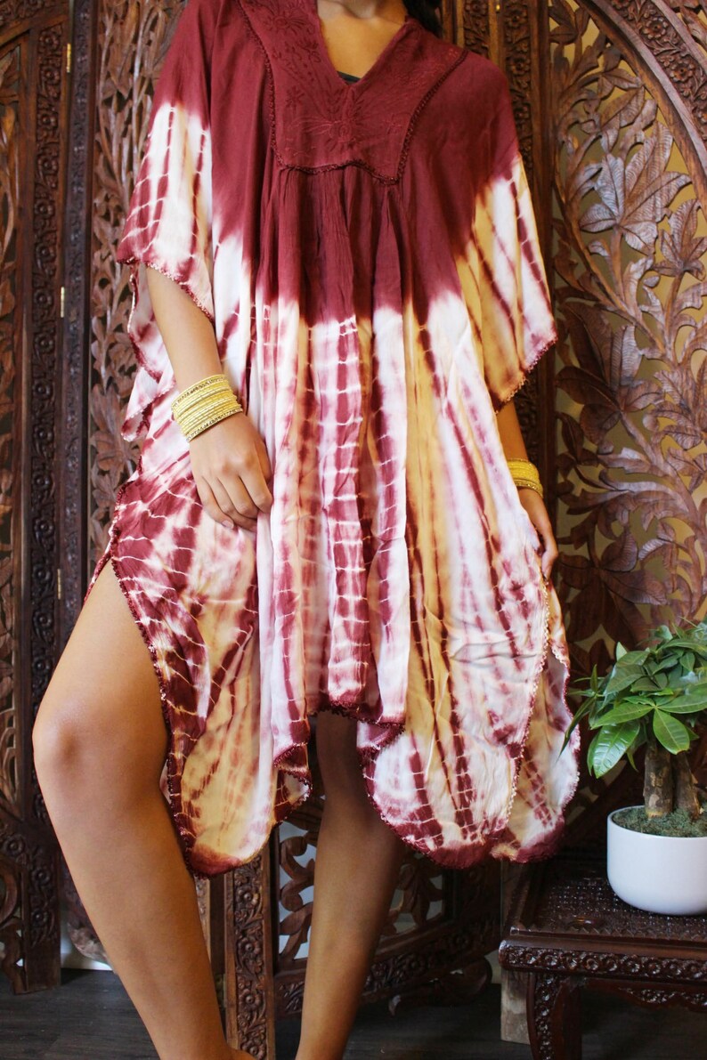 Tie Dye White Blue Caftan Tunic Cover Up Resort Wear Tunic Dress One size M-2X Womens Caftan Dress Knee Length Short Kaftan Dresses