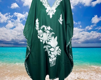 Womens Short Kashmiri Kaftan, Dark Green Floral Embroidery Caftan for Summers , One Size, Relaxed Top L-4XL
