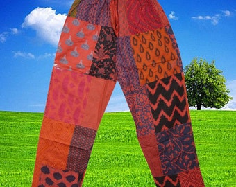Patchwork Harem Pants, Red Printed Hippie Boho Cotton Harem Pants, Womens Pants, Handmade Festival Pants S/M/L