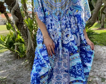 Womens Maxi Kaftan Dress, Blue Breezy Kimono Caftan Dresses, Beach Cover Up Printed Maxi Caftan Dresses, Travel Dress 2XL