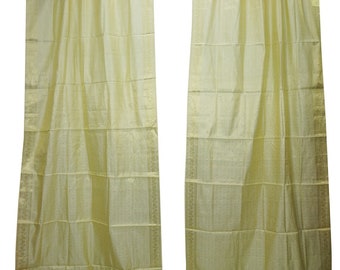 2 Indian Sari Curtain Drape Panel Window Treatment Cream Gold Brocade Border Rod Pocket Bedroom Living Room Décor 96 inch