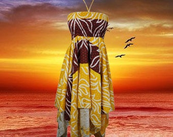 Women's Luxe Halter Dress, Yellow Printed Bohemian Recycled Silk Summer Travel Dresses, Beach Sundress S/M