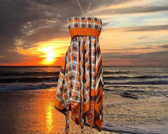 Womens Boho Sundress, Halter Dresses, Orange Brown Summer Dress, Printed Handkerchief Hem Upcycled Silk Sari Beach Travel Dress S/M