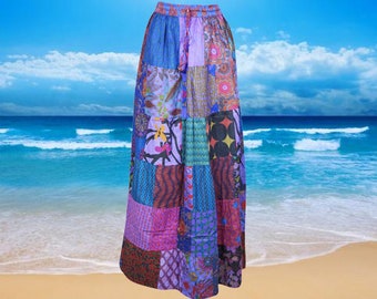 Womens Maxi Skirt, Blue Pink Boho Hippie Festival PATCHWORK Vintage Retro Maxi Flared Skirts, Cotton Casual Comfy SKIRT S/M/L