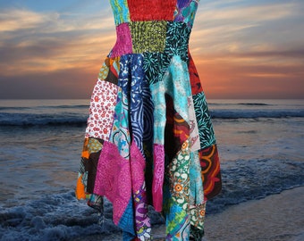 Womens Hi Low Skirt Dress, Colorful Cotton Patchwork Summer Dress, Hippie Sundress, Flare Cotton Beach Tube Dresses S/M