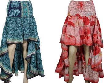 Free and Easy Boho Summer 2pc Hi Low Skirt Recycled Vintage Sari Gypsy Fashion Long Ruffle Flirty Flare Summer Skirts S/M