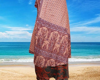Silk Sari Wrap Skirt, Indian Recycled Sari Boho Magic Wrap Skirt, Wrap Around Sarong, Pink Wrap Skirt Women's Clothing One Size