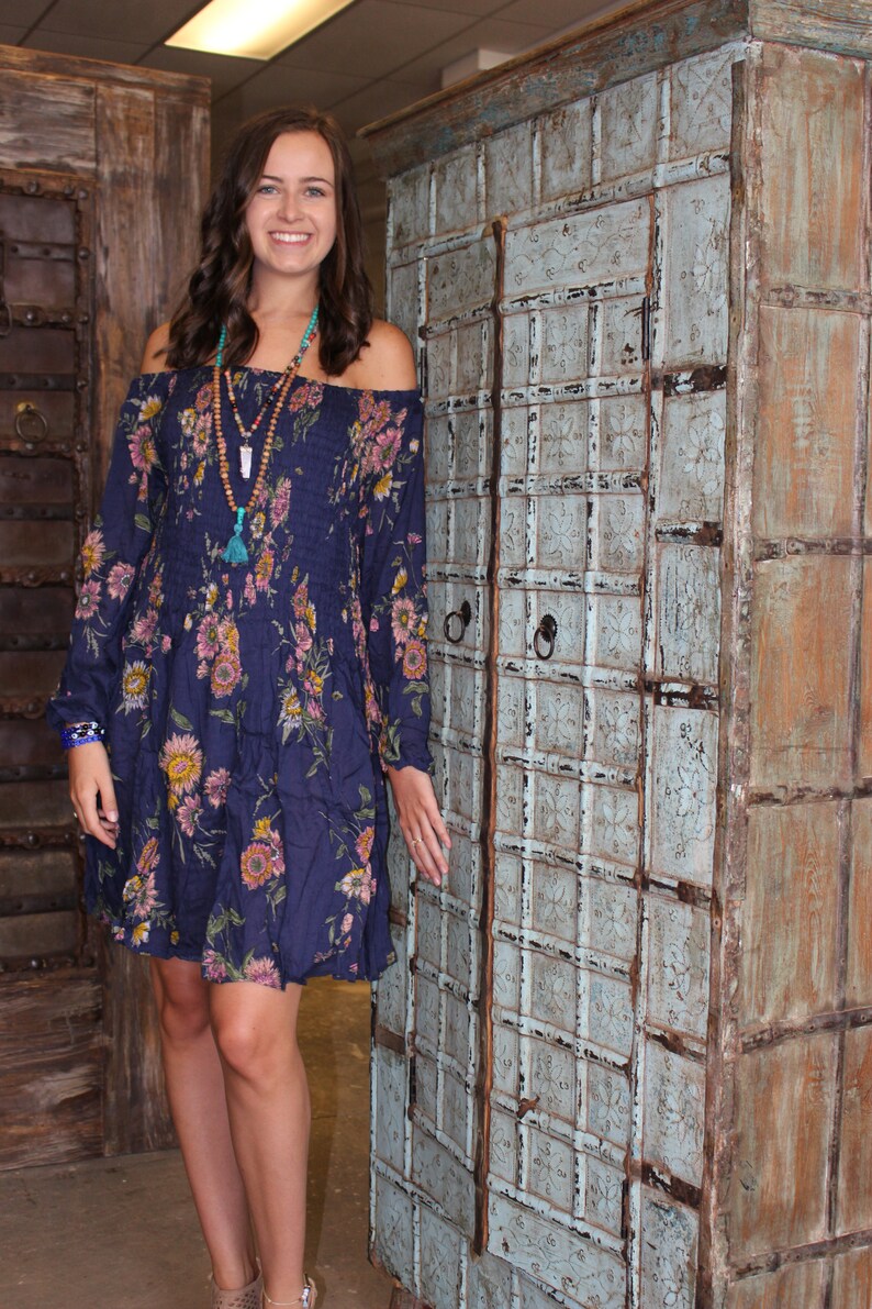 Bohemian Dresses Gypsy Chic Blue Printed Fit Flare 34 Sleeve Fitted Summer Beach Festivals SunDress ML