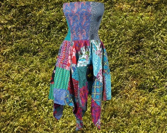 Women’s Boho Patchwork Sundress, Blue Summer Patchwork Dress, Hippie Dress Cotton Beach Tube Dresses S/M