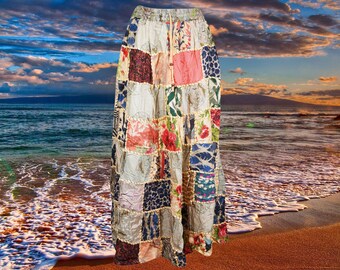 Womens Maxi Skirt, Beige Summer Skirt, Gujarati Patchwork Handmade Vintage Boho Chic Long Skirts S/M/L