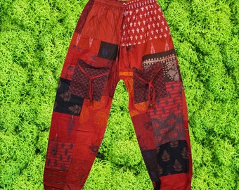Boho Patchwork Pants, Unisex Joggers red Pant, Cotton Hippie Patchwork , Hippie Pants  Boho Pants Beach Stonewashed Cotton Travel Pant S/M/L