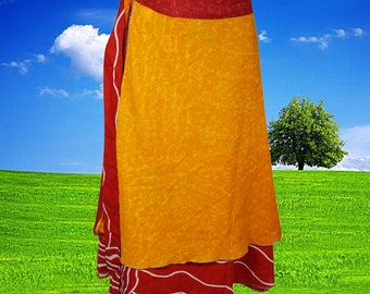 Women Wrap Skirt, Yellow Red Indian Vintage Double Layer Silk Skirt, Floral Wrap around Skirt, Magic Wrap Skirt One size