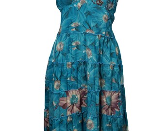 Teal Blue Floral Vintage Recycled Silk Sari Spaghetti Strap Resort Beach Dress Printed Boho Chic Summer Fashion Sundress S/M