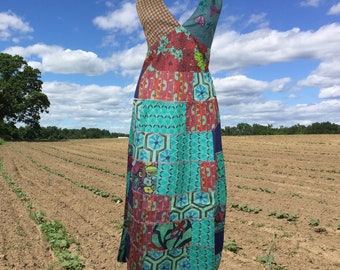 Womens Patchwork Dress, Blue Skies Strap Maxi Dress, Stunning Handmade Blue Printed Long Dresses, Bohemian Fashion S/M