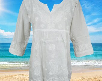 Womens White Embroidery Cotton Tunic, Soft Tunic, Chikankari, Handmade Blouse, Summer Tunic Bohemian Clothing