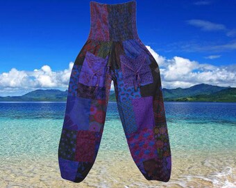 Womans Patchwork Harem Pants, Blue Trousers Baggy Pant, Cotton Bohemian Beach Lounge Comfy Trouser S/M