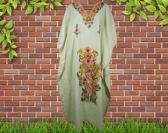 Womens Caftan Dress, Handmade Green Floral Embroidered Kimono Dress, Cover Up Abaya Loose Stylish Maxi Kaftan Dresses One size ,L-2XL