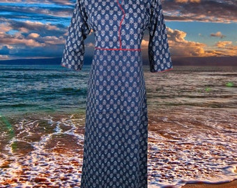 Boho Blue Maxi Dress, Flared Indi Maxidresses, Womans Summer Cotton Maxi Dress M