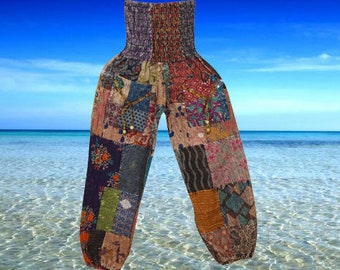 Harem Pants, High Waisted Yoga Bohemian Pants, Blue Orange Patchwork Festival Pants, Recycle Cotton Pants with Pockets S/M/L