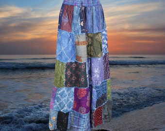 Long Patchwork Skirt for Women, Blue Tiered Flared Gypsy Boho Maxi Retro Floral Hippie Elasticated Waist Summer Skirts S/M/L