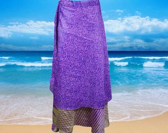 Womens Maxi Magic Wrap Skirt, Floral Double Layers Purple Wrap Skirts, Recycled Sari Wrap Skirt, Travel Fashion, Gift, Handmade One size