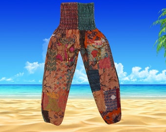Patchwork Harem Pants with Pockets, Orange Blue Hippie Boho Cotton Harem Pants, Recycle Cotton, Women’s Summer Pants, Festival Pants S/M/L