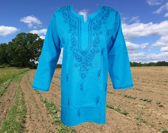 Embroidered Kurti Cotton Top, Blue Cotton Tunic, Casual Cotton Blouse, Tunic Top,  Summer Tunic Top, Beach Travel Wear L