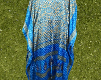 Women Boho Beach Kaftan Dark Blue, Beige Dot ,Caftan, Leaf Silk Kaftan, housedress, Beach Coverup, Summer Caftan, Resort, Cruise Caftan L-2X